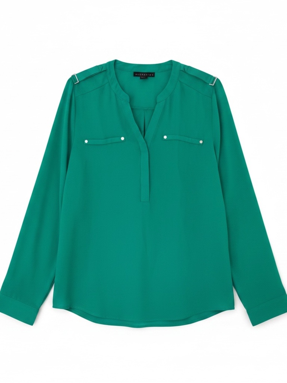 Attention Green Blouse Size Medium Roll Tab Sleeve V-Neck Work Office Top - Picture 2 of 7